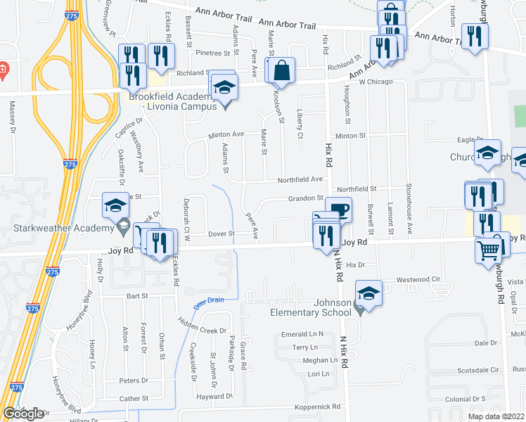 map of restaurants, bars, coffee shops, grocery stores, and more near 38857 Grandon Street in Livonia