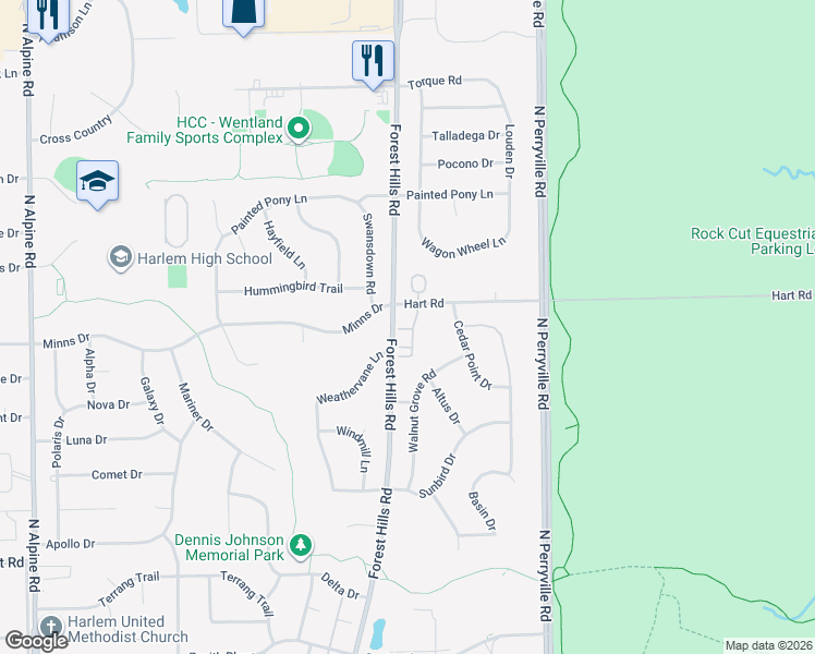 map of restaurants, bars, coffee shops, grocery stores, and more near 6377 Weathervane Lane in Machesney Park