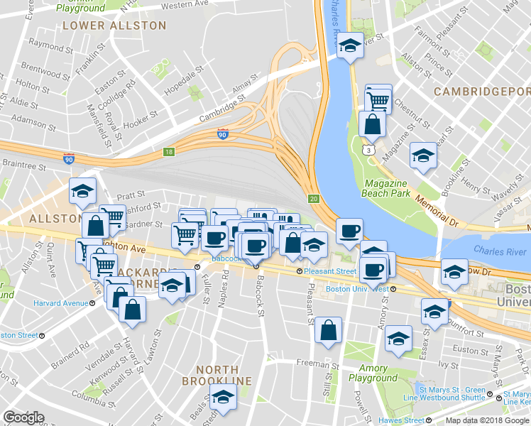 map of restaurants, bars, coffee shops, grocery stores, and more near 300 Ashford Street in Boston