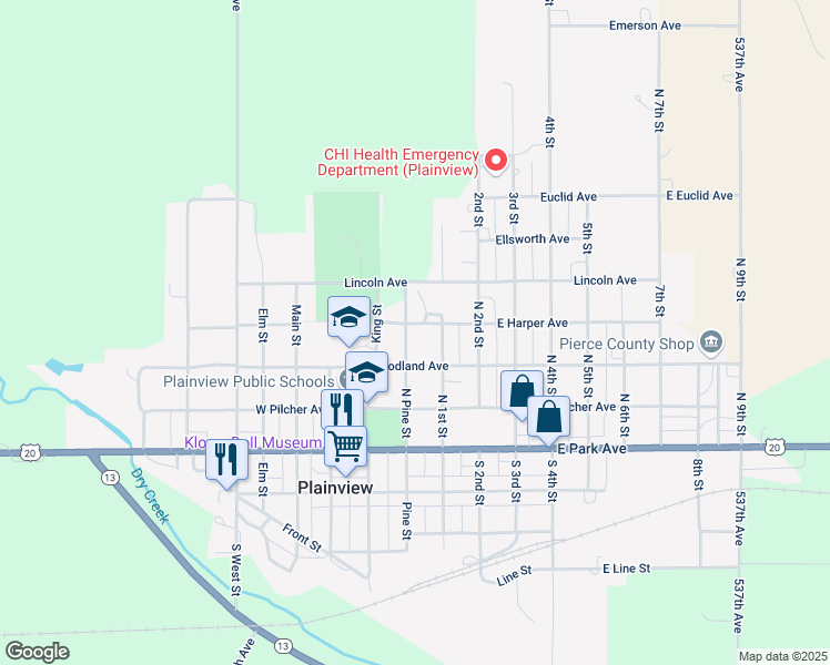 map of restaurants, bars, coffee shops, grocery stores, and more near 300-312 North Pine Street in Plainview