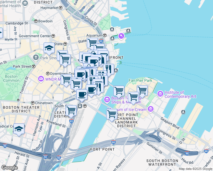 map of restaurants, bars, coffee shops, grocery stores, and more near 470 Atlantic Avenue in Boston