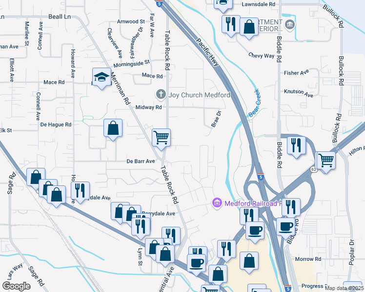 map of restaurants, bars, coffee shops, grocery stores, and more near 2576 Table Rock Road in Medford