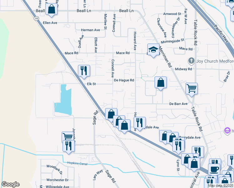 map of restaurants, bars, coffee shops, grocery stores, and more near 2484 Connell Avenue in Medford