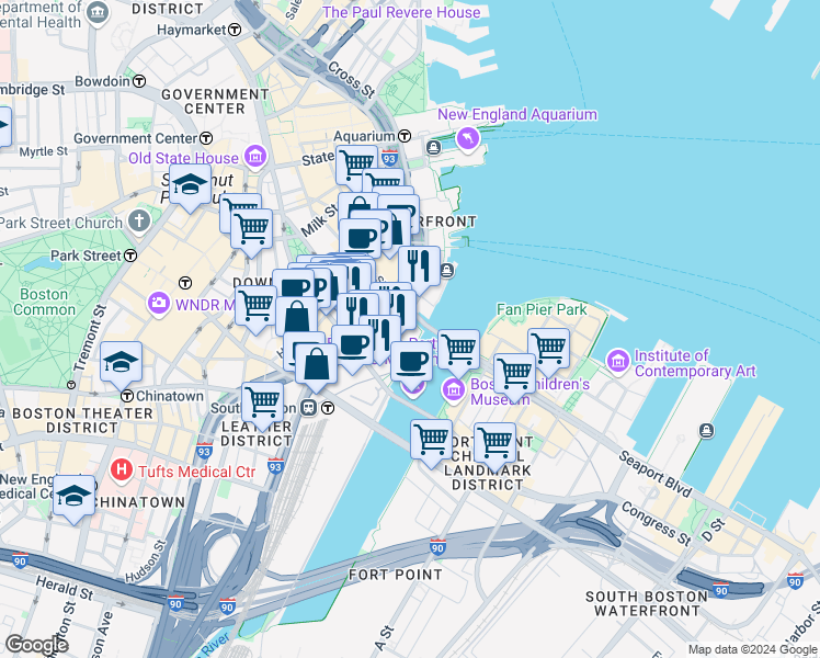 map of restaurants, bars, coffee shops, grocery stores, and more near 500 Atlantic Avenue in Boston