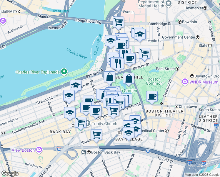 map of restaurants, bars, coffee shops, grocery stores, and more near in Boston