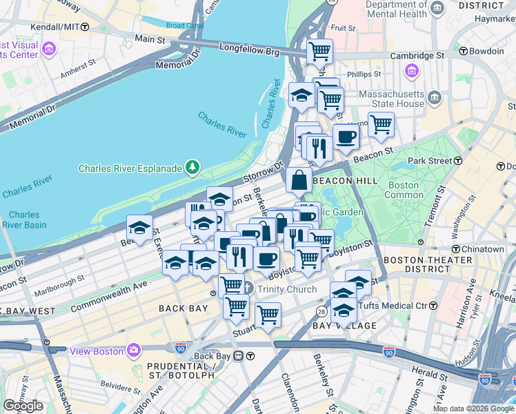 map of restaurants, bars, coffee shops, grocery stores, and more near 62 Marlborough Street in Boston