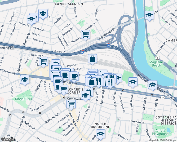 map of restaurants, bars, coffee shops, grocery stores, and more near 69 Ashford Street in Boston
