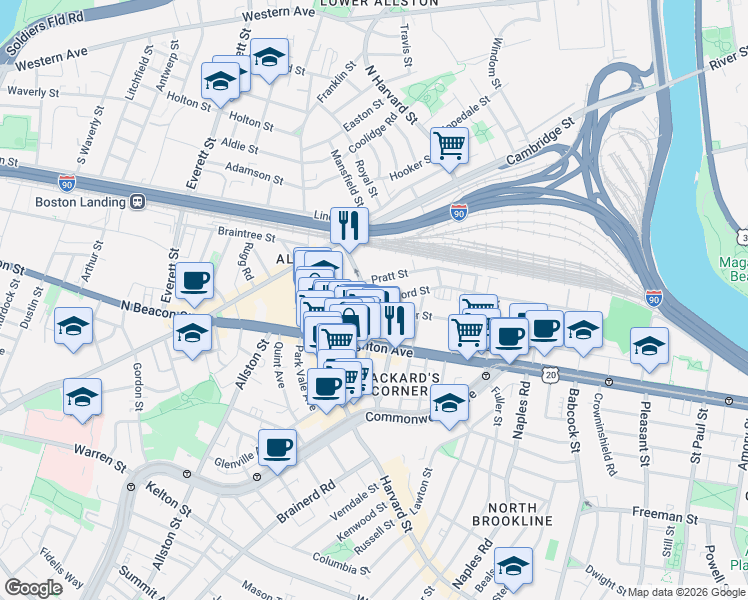 map of restaurants, bars, coffee shops, grocery stores, and more near in Boston