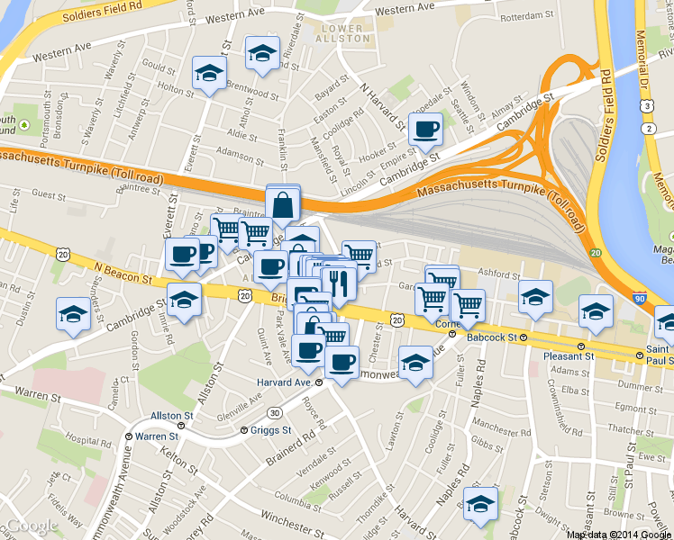map of restaurants, bars, coffee shops, grocery stores, and more near 44 Linden Street in Boston