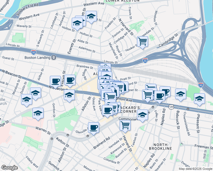 map of restaurants, bars, coffee shops, grocery stores, and more near 9 Farrington Avenue in Boston