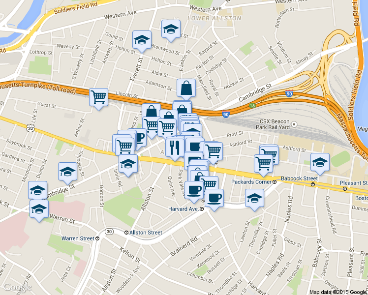 map of restaurants, bars, coffee shops, grocery stores, and more near in Boston