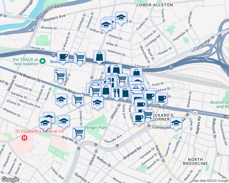 map of restaurants, bars, coffee shops, grocery stores, and more near in Boston