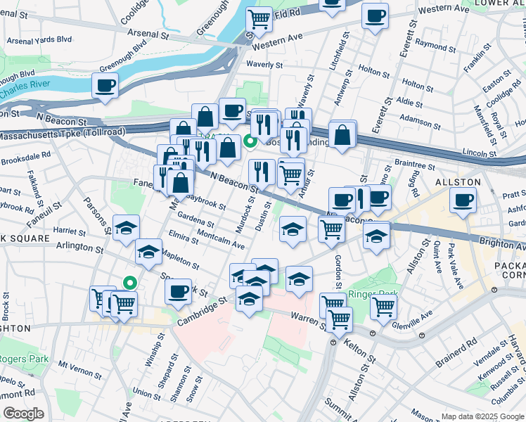 map of restaurants, bars, coffee shops, grocery stores, and more near 104 Dustin Street in Boston