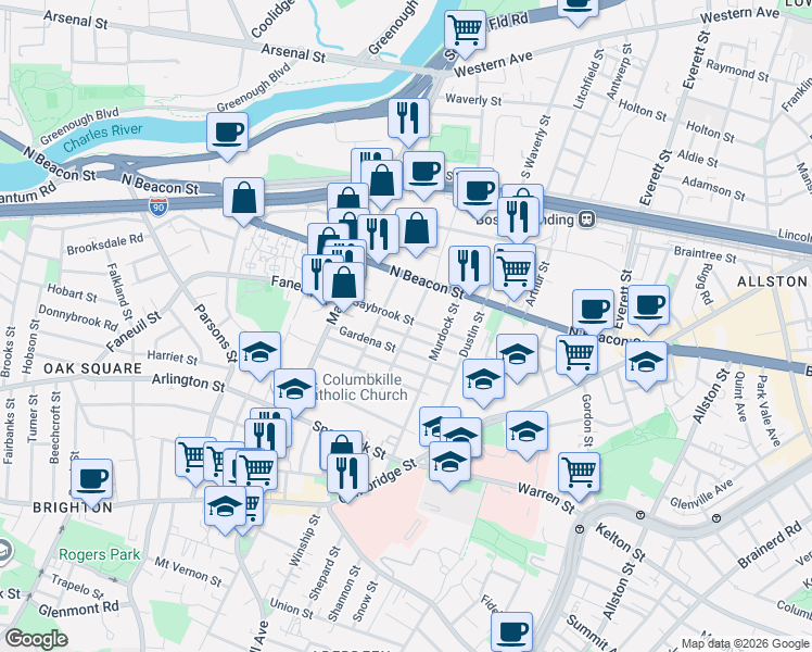 map of restaurants, bars, coffee shops, grocery stores, and more near in Boston