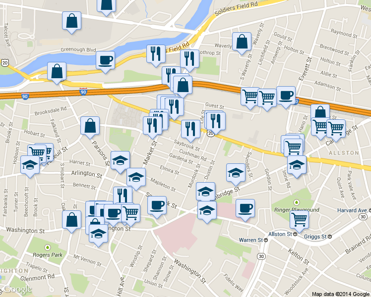 map of restaurants, bars, coffee shops, grocery stores, and more near in Boston