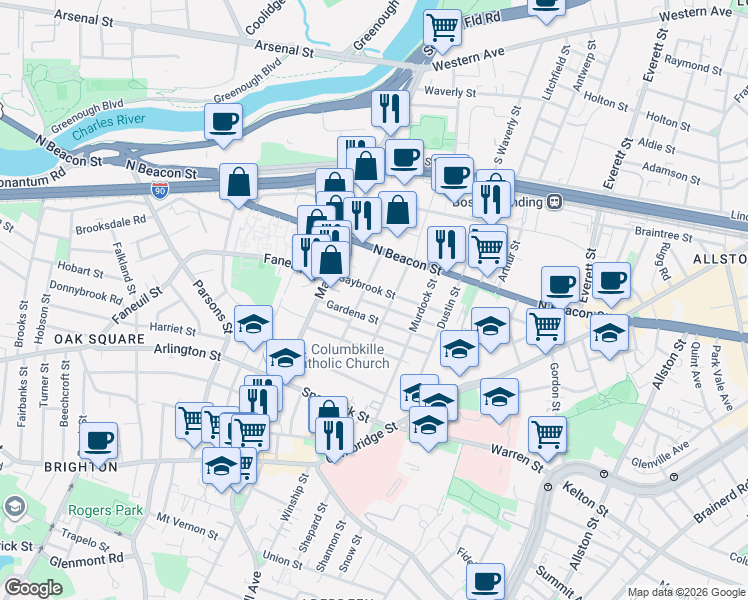 map of restaurants, bars, coffee shops, grocery stores, and more near in Boston