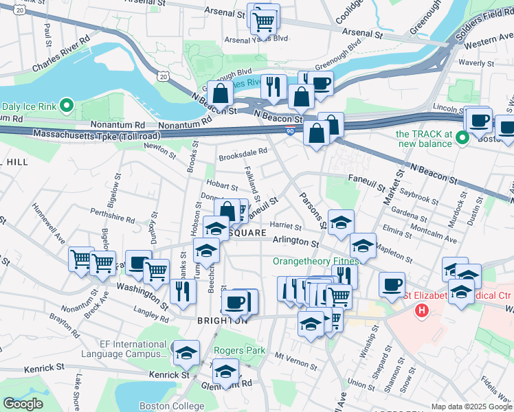 map of restaurants, bars, coffee shops, grocery stores, and more near in Boston