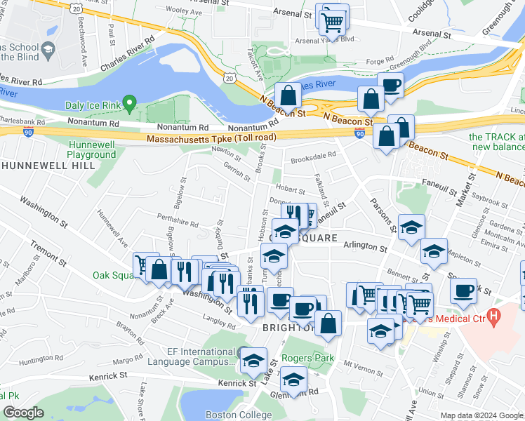 map of restaurants, bars, coffee shops, grocery stores, and more near 43 Newcastle Road in Boston