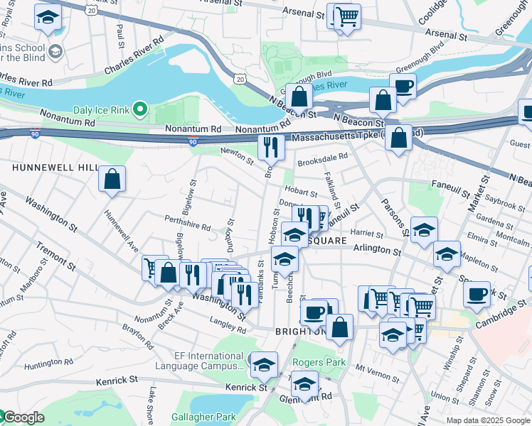 map of restaurants, bars, coffee shops, grocery stores, and more near 103 Brooks Street in Boston