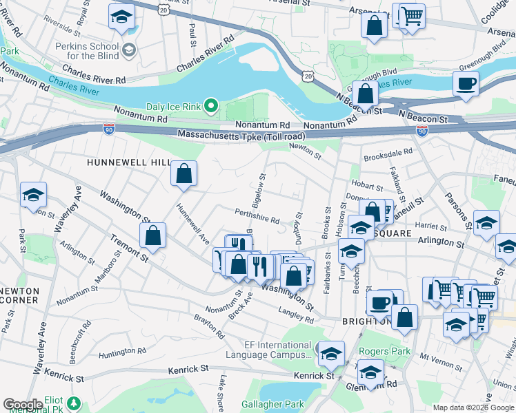 map of restaurants, bars, coffee shops, grocery stores, and more near 57 Bigelow Street in Boston