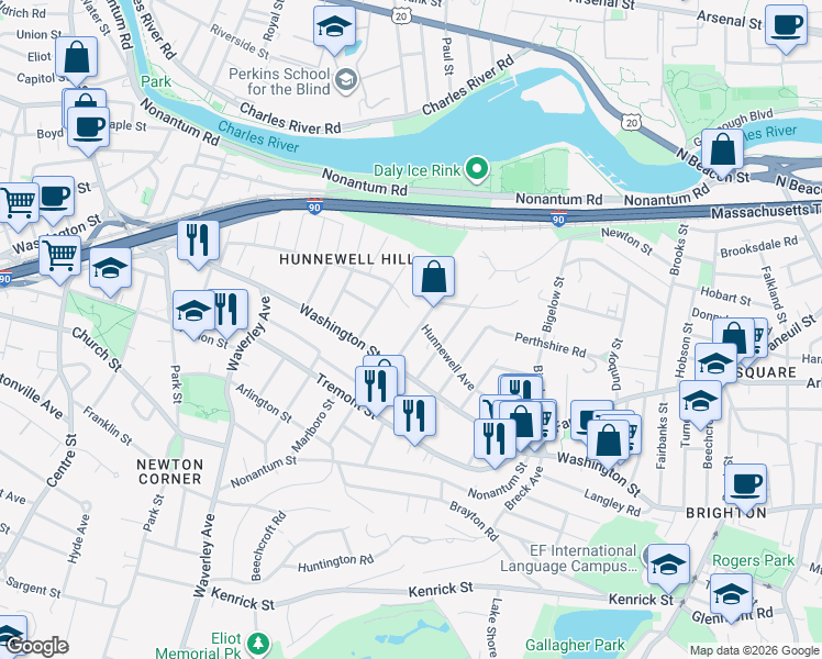 map of restaurants, bars, coffee shops, grocery stores, and more near 14 Burton Street in Boston