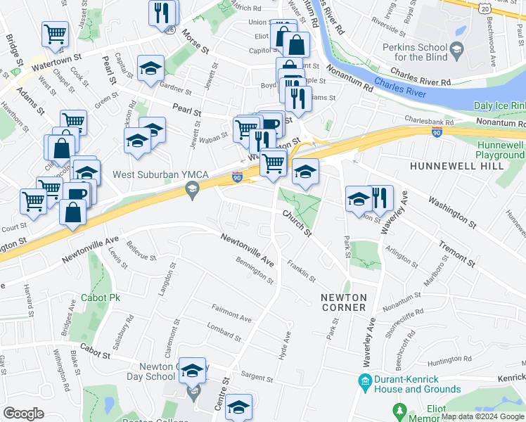 map of restaurants, bars, coffee shops, grocery stores, and more near 176 Church Street in Newton