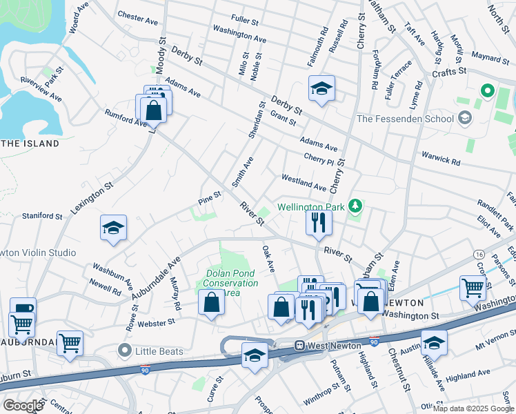 map of restaurants, bars, coffee shops, grocery stores, and more near in Newton