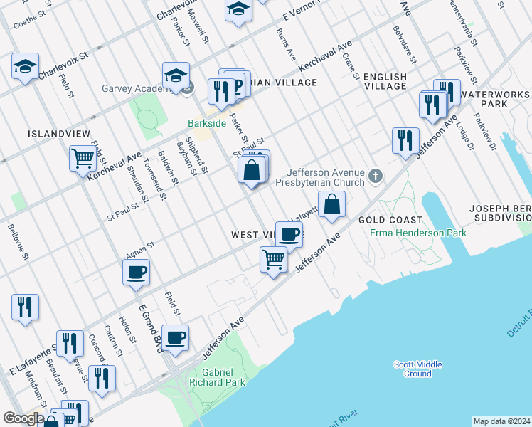map of restaurants, bars, coffee shops, grocery stores, and more near 1050 Van Dyke Street in Detroit