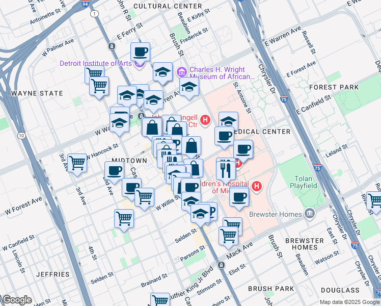 map of restaurants, bars, coffee shops, grocery stores, and more near 4415 John R Street in Detroit