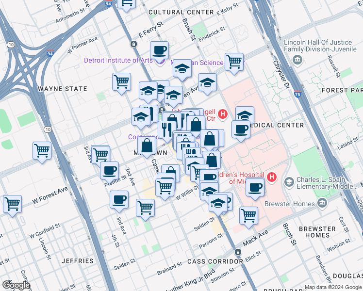 map of restaurants, bars, coffee shops, grocery stores, and more near 4501 Woodward Avenue in Detroit