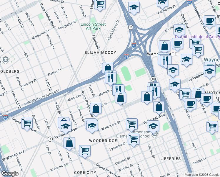 map of restaurants, bars, coffee shops, grocery stores, and more near 1541 Merrick Street in Detroit