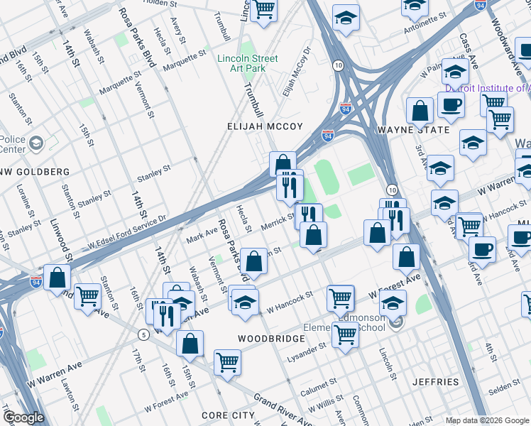 map of restaurants, bars, coffee shops, grocery stores, and more near 5220 Avery Street in Detroit