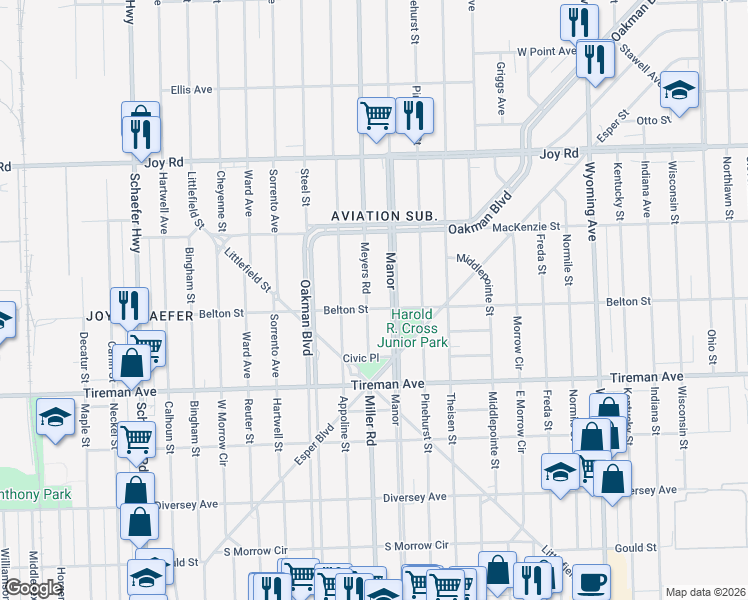map of restaurants, bars, coffee shops, grocery stores, and more near 8200 Meyers Road in Detroit