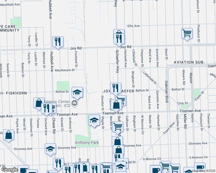 map of restaurants, bars, coffee shops, grocery stores, and more near 8216 Decatur Street in Detroit
