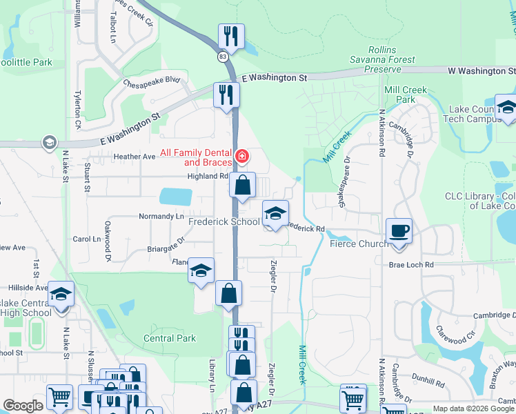 map of restaurants, bars, coffee shops, grocery stores, and more near 575 Berry Avenue in Grayslake
