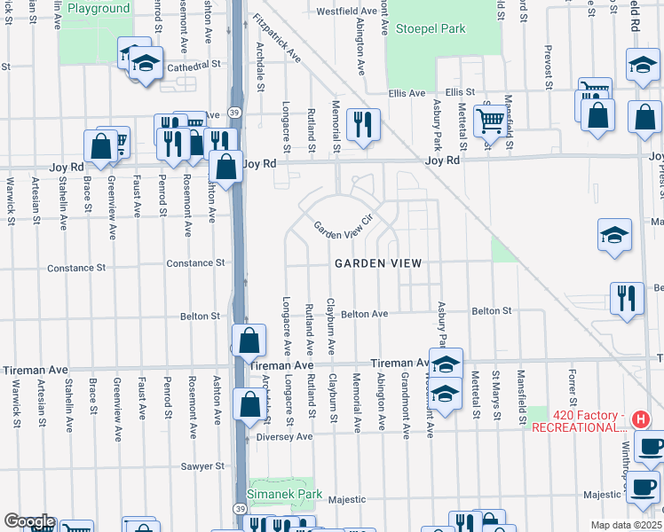 map of restaurants, bars, coffee shops, grocery stores, and more near 8401 Woodmont Avenue in Detroit