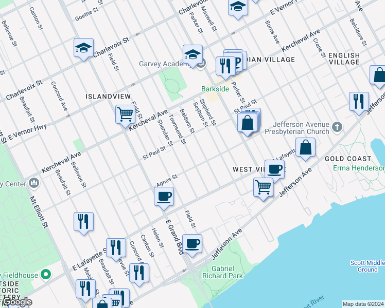 map of restaurants, bars, coffee shops, grocery stores, and more near 1454 Townsend Street in Detroit