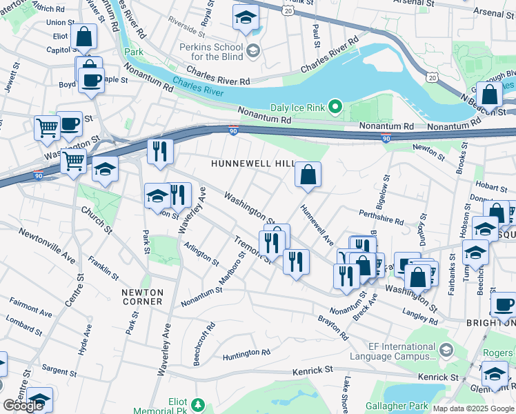 map of restaurants, bars, coffee shops, grocery stores, and more near 33 Washington Street in Newton