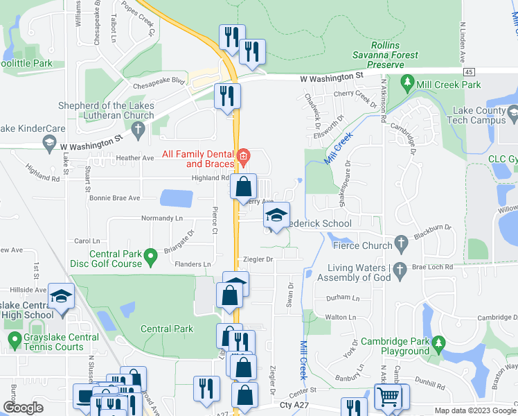 map of restaurants, bars, coffee shops, grocery stores, and more near 575 Berry Avenue in Grayslake
