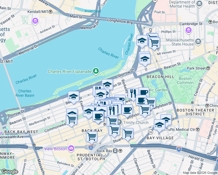 map of restaurants, bars, coffee shops, grocery stores, and more near Beacon Street in Boston