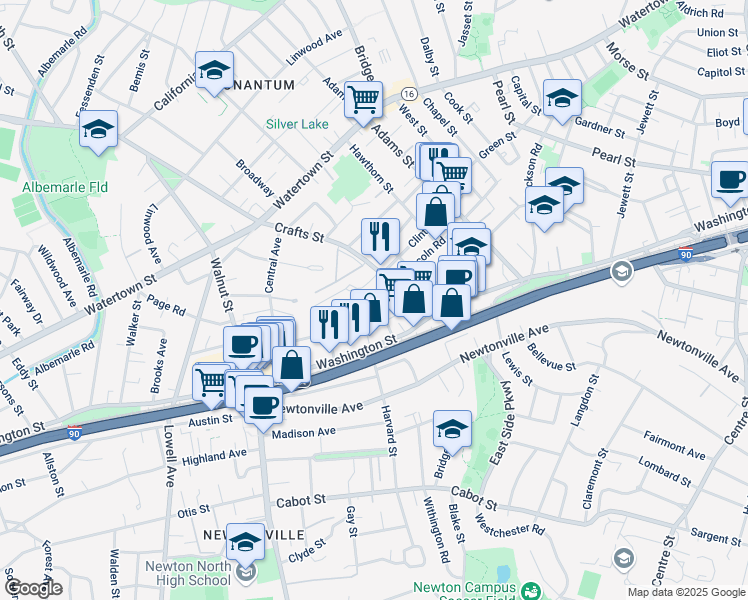map of restaurants, bars, coffee shops, grocery stores, and more near 39 Court Street in Newton