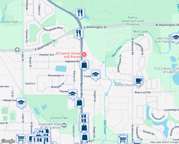map of restaurants, bars, coffee shops, grocery stores, and more near 575 Berry Avenue in Grayslake