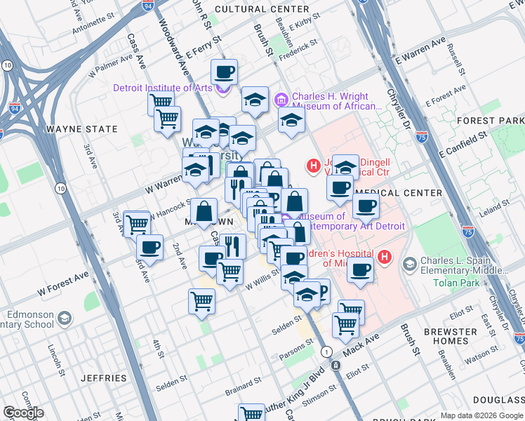 map of restaurants, bars, coffee shops, grocery stores, and more near 4501 Woodward Avenue in Detroit