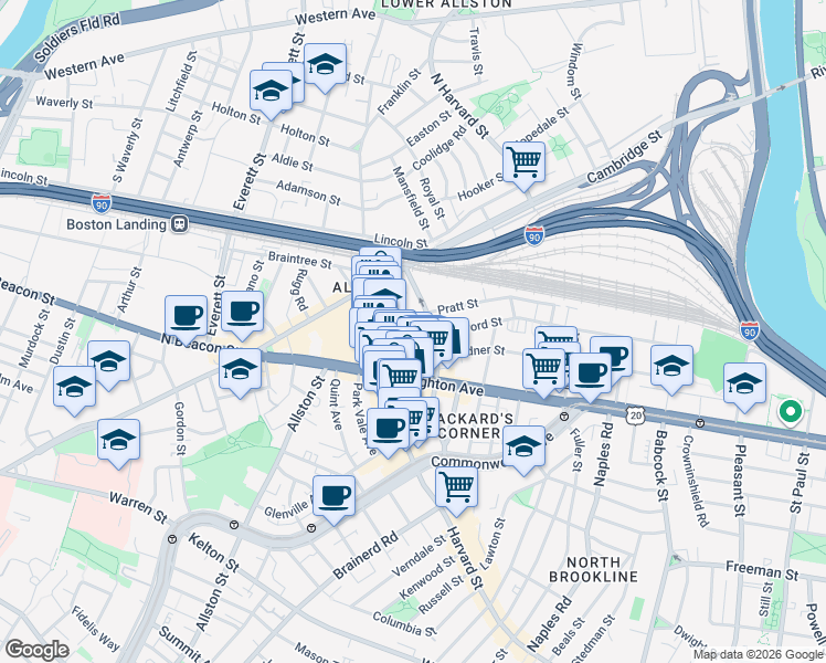 map of restaurants, bars, coffee shops, grocery stores, and more near 9 Farrington Avenue in Boston