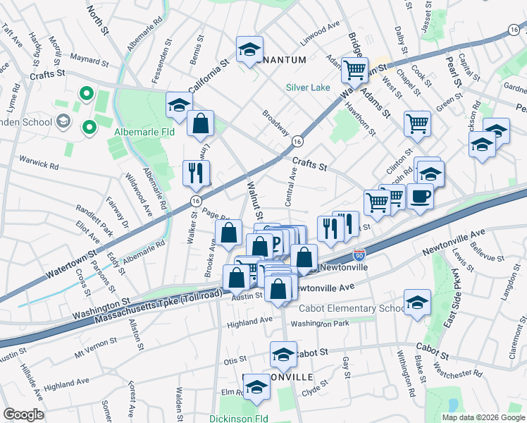 map of restaurants, bars, coffee shops, grocery stores, and more near in Newton