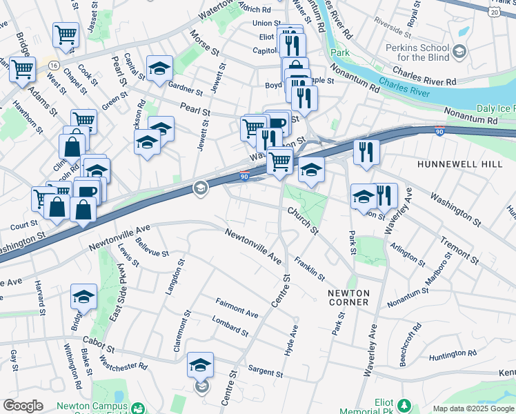 map of restaurants, bars, coffee shops, grocery stores, and more near 200 Church Street in Newton