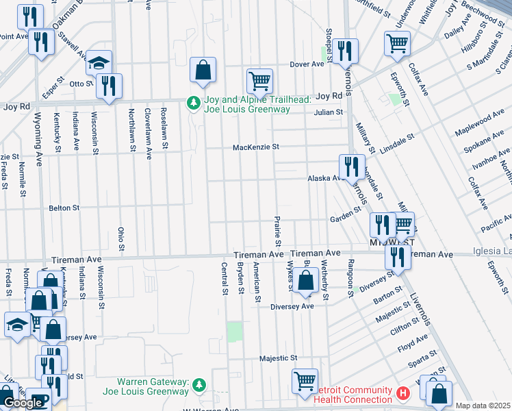 map of restaurants, bars, coffee shops, grocery stores, and more near 8118 American Street in Detroit
