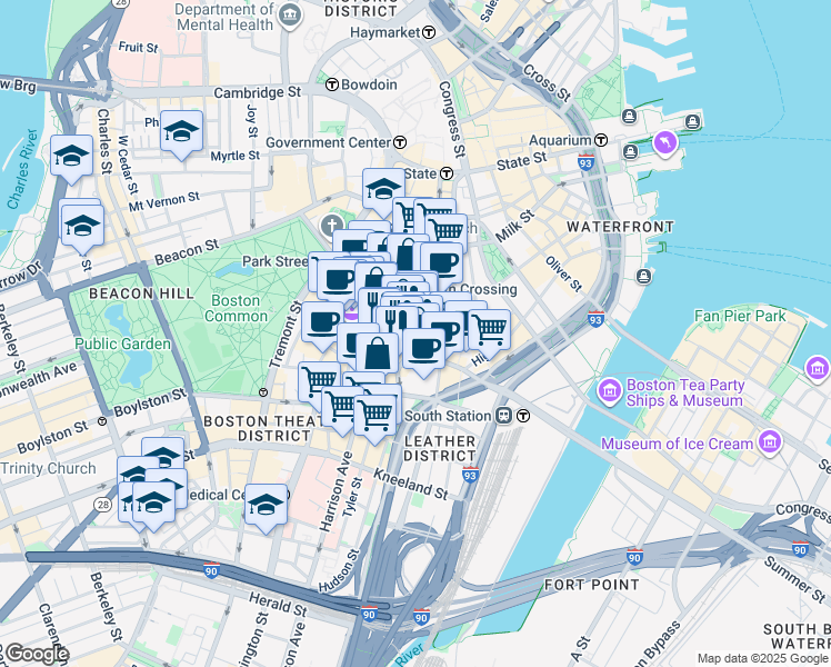 map of restaurants, bars, coffee shops, grocery stores, and more near 60 Summer Street in Boston
