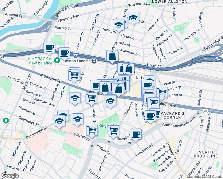 map of restaurants, bars, coffee shops, grocery stores, and more near 5 North Beacon Street in Boston