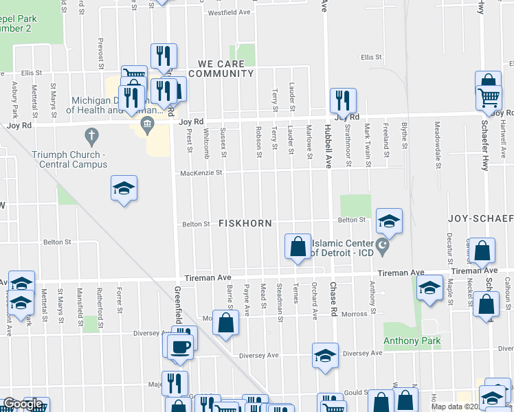 map of restaurants, bars, coffee shops, grocery stores, and more near 8249 Robson Street in Detroit